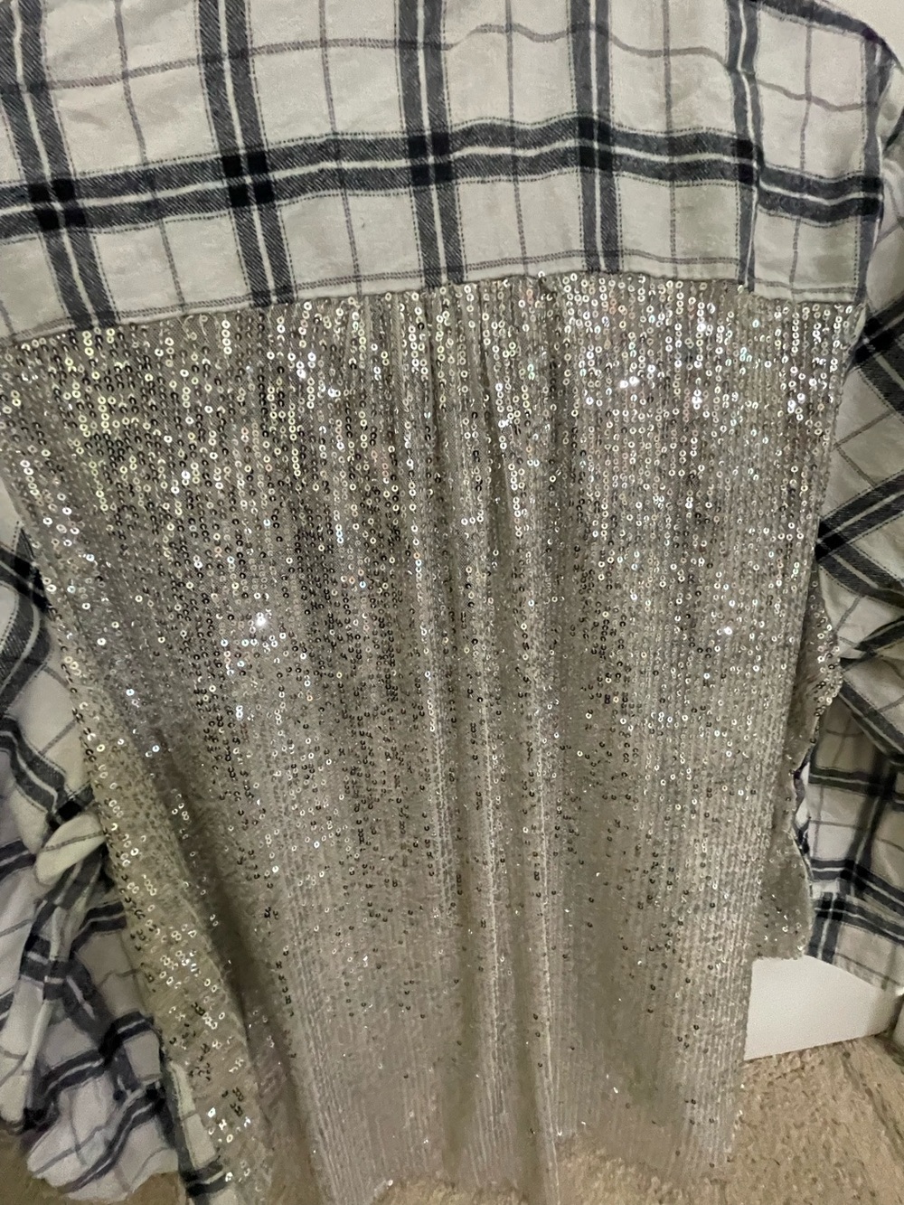White & Black Plaid Shirt with Sequin Pocket and sequin back. Very sparkly!